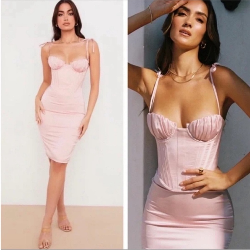 HOUSE OF‎ CB 'Alma' Blush Pink Satin Corset Midi Dress NWOT size S - Picture 2 of 11
